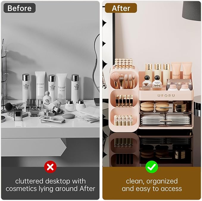 UFORU Makeup Organizer for Vanity with Brush Holder, Large Capacity Bathroom Countertop Skincare Organizer with 2 Drawers, Cosmetic Display Case for Perfumes, Eyeshadow Palettes, Nail Polishes