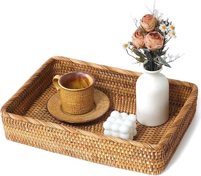 Wicker Storage Tray, Rattan Basket Rectangular for Bathroom Living Room, Decorative Serving Woven Trays Wicker Baskets for Organizing Home Decor L(15.7" × 11")