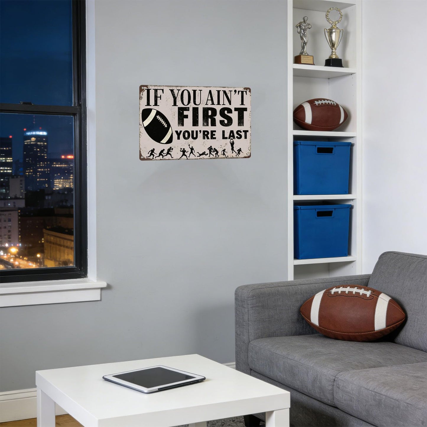 Qinfly Funny Football Wall Art Decor Gifts for Boys,Football Player,Men Who Love Football,If You Ain't First You're Last Sign,Football Stuff Accessories for Room,Bedroom,8x12 Inches
