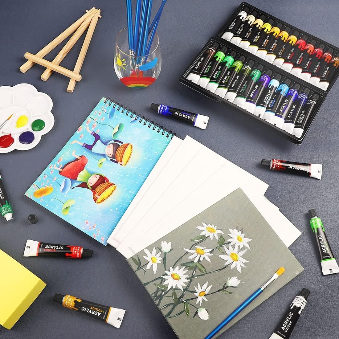 Colorful Acrylic Painting Kit - Paint Supplies Set with 24 Colors, 30 Brushes, 5 Canvases, 1 Pad, 2 Palette, 2 Sponge & 1 Wood Easel - Art Acrylic Paint Set for Beginners, Kids, Adults