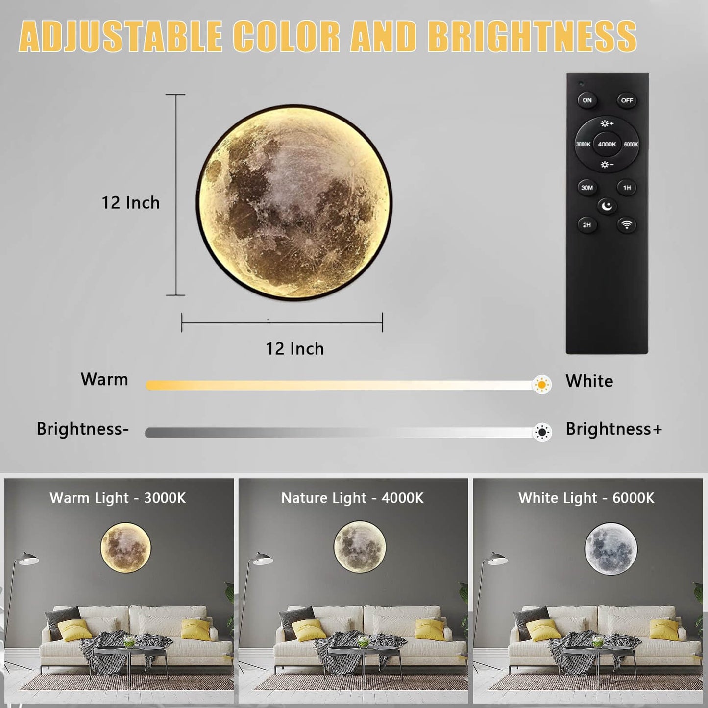 Dimmable Moon Wall Lamp, Rechargeable Battery Operated Wall Sconce Moon Lights with Remote, 3 Color Indoor Wall Mounted Lighting Ceiling Light for Living Bedroom Birthday Christmas Gift - 12 inch