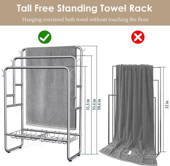 Kayfia 40" H Towel Rack Freestanding, 3-Tier Bath Towel Holder Stand with Storage Baskets & Hooks, Blanket Drying and Display Rack for Oversized Bath Towels, Metal Towel Rack Stand Indoor Outdoor