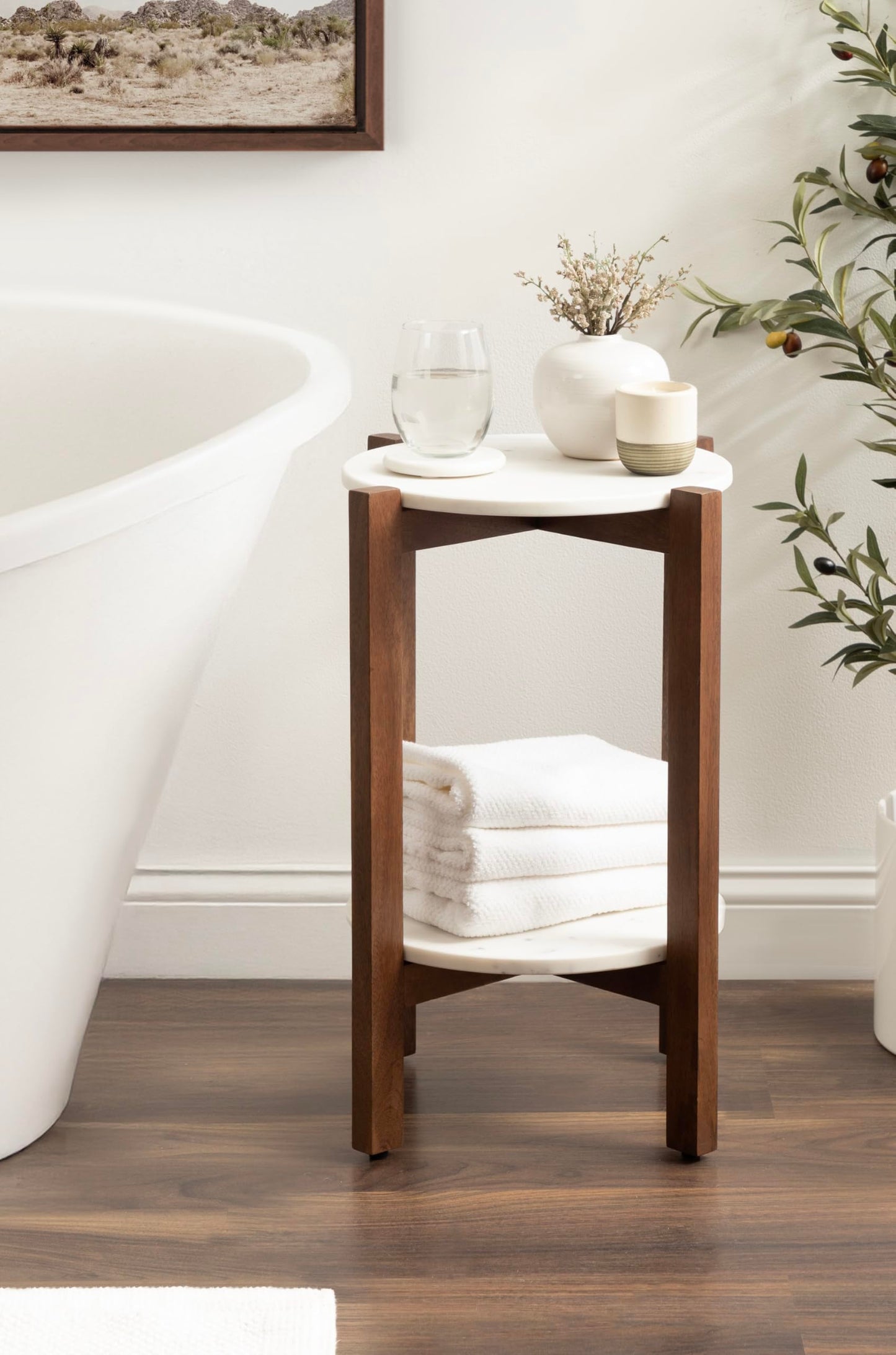 Kate and Laurel Moxley Transitional Round Side Table; 16 x 16 x 22; White Marble and Walnut Brown; Tiered Pedestal Table with Authentic Marble Tabletops for Bedroom Nightstand or Indoor Plant Stand