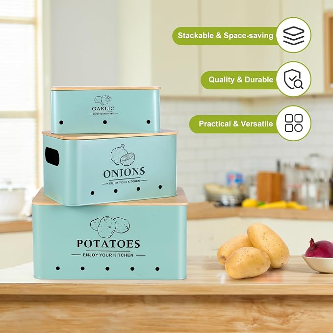 Kitchen Vegetable Storage Set of 3, Metal Onion Garlic Potato Storage Set, Kitchen Canisters Vegetable Keeper Containers with Aerating Holes and Bamboo Lid，Blue