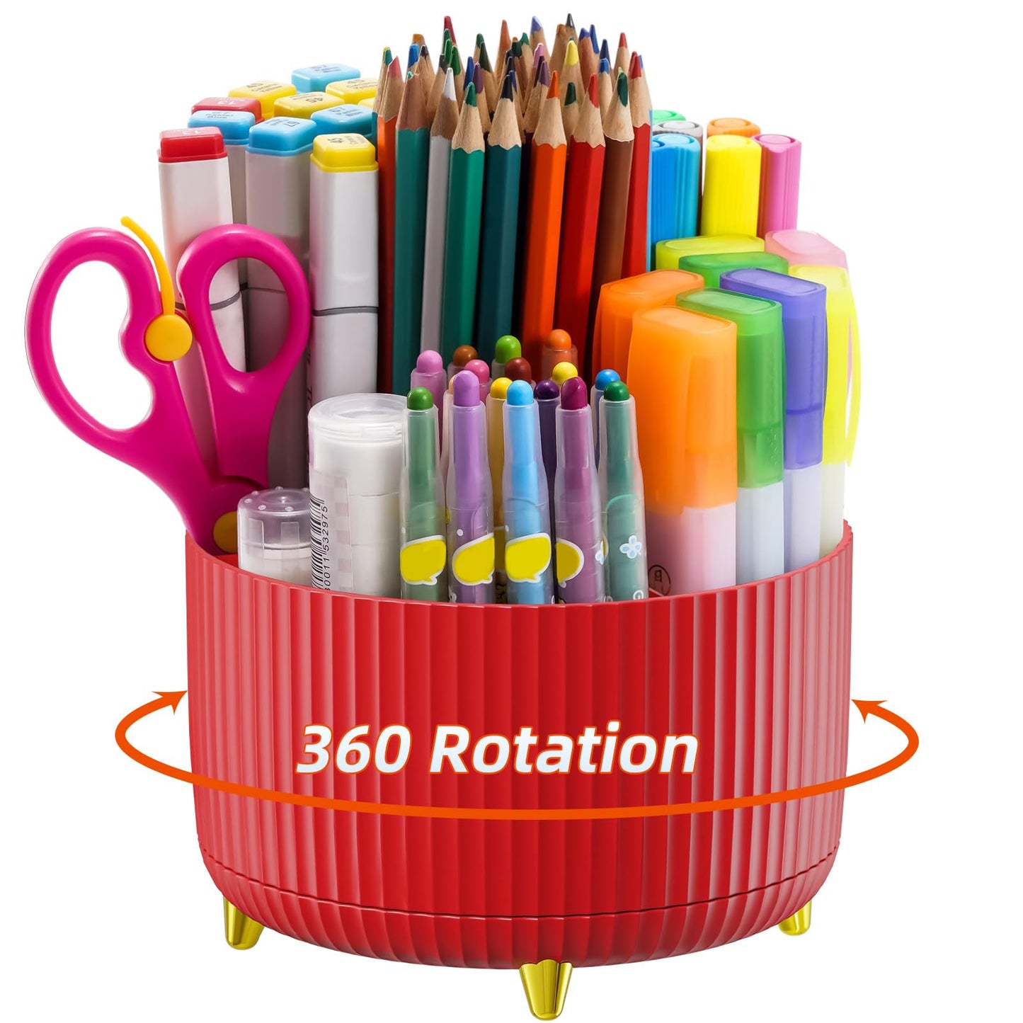 Marbrasse Desk Organizer, 360-Degree Rotating Pen Holder for Desk, Desk Organizers and Accessories with 5 Compartments Pencil Organizer, Art Supply Storage Box Caddy for Office, Home (Red)