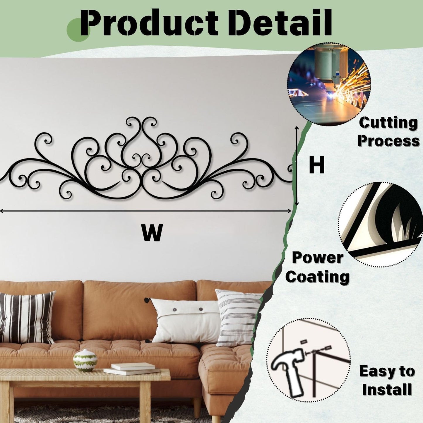 Hotuijxca Scroll Metal Wall Decor, Scroll Metal Wall Art, Rustic Iron Wall Decor for Living Room, Bedroom, Office(Black,35" x 9" / 90 x 23 cm)