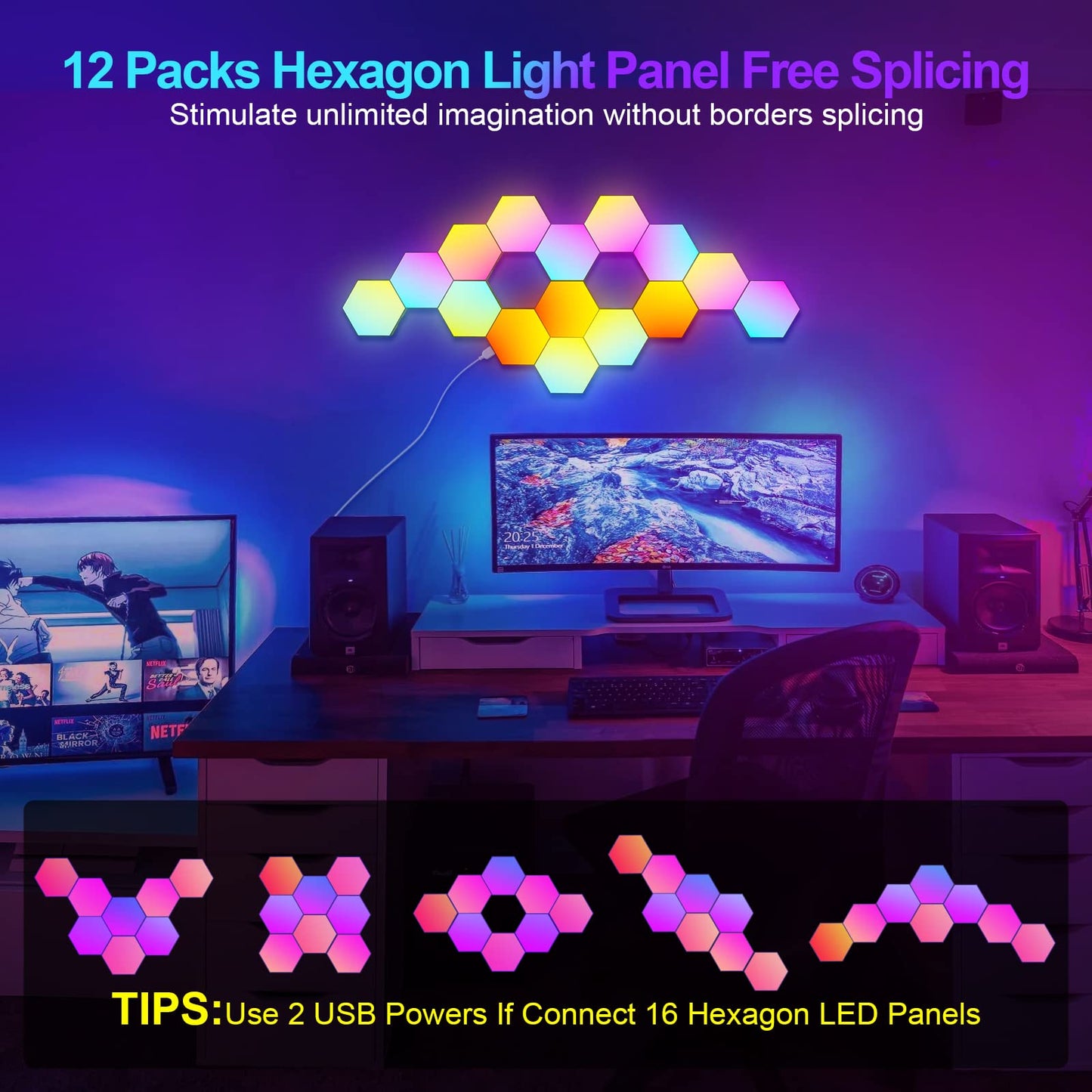 JIMIMORO 12-Pack Hexagon Light Panels – Smart RGB LED Wall Lights with App & Remote – Music Sync Gaming Lights for Room Decor, Birthday & Party Gifts for Boys, Teens, Men, Boyfriends, and Kids