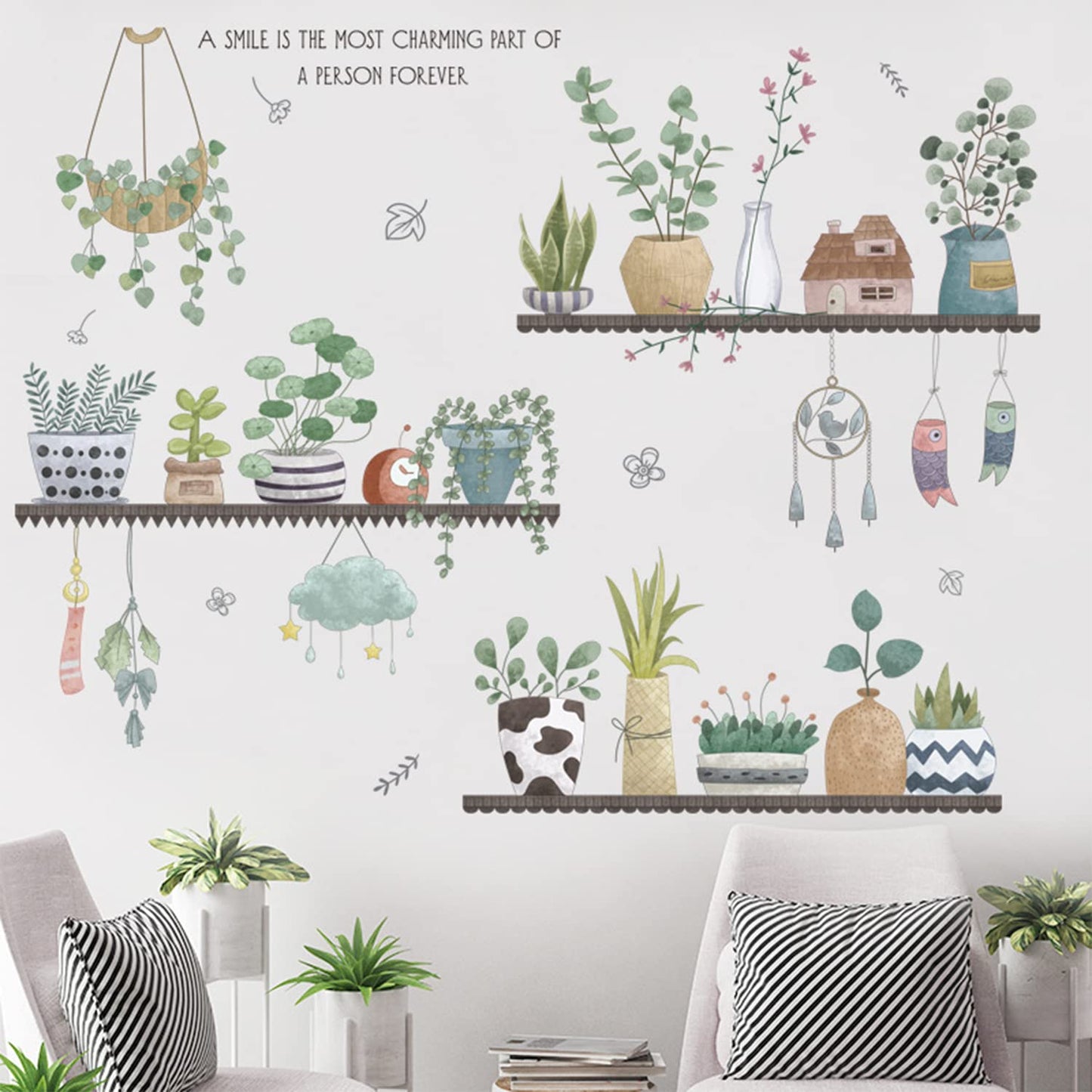 Arawat 2 Set Plant Wall Decals Kitchen Stickers Decor Murals for Bedroom Living Room Bathroom Art Decal Boho Hanging Shelves Tree Wall Art 3D Peel and Stick