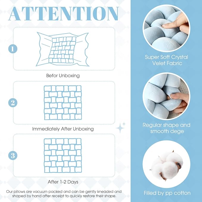 Wenqik 2 Pcs Knot Pillows Square Knotted Plush Throws Soft Accent Pillows Decoration Cushion for Couch Home Office Living Room Bedroom Bed Sofa Decor, 12'' x 13''(Ice Blue,Crystal Velvet)