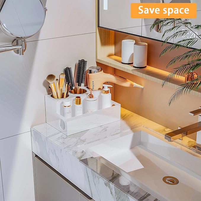 Hair Tool Organizer, White Acrylic Hair Dryer Holder with Insulated Cup, Bathroom Supplies Countertop Blow Dryer Holder, Vanity Caddy Storage Stand for Accessories, Makeup, Toiletries