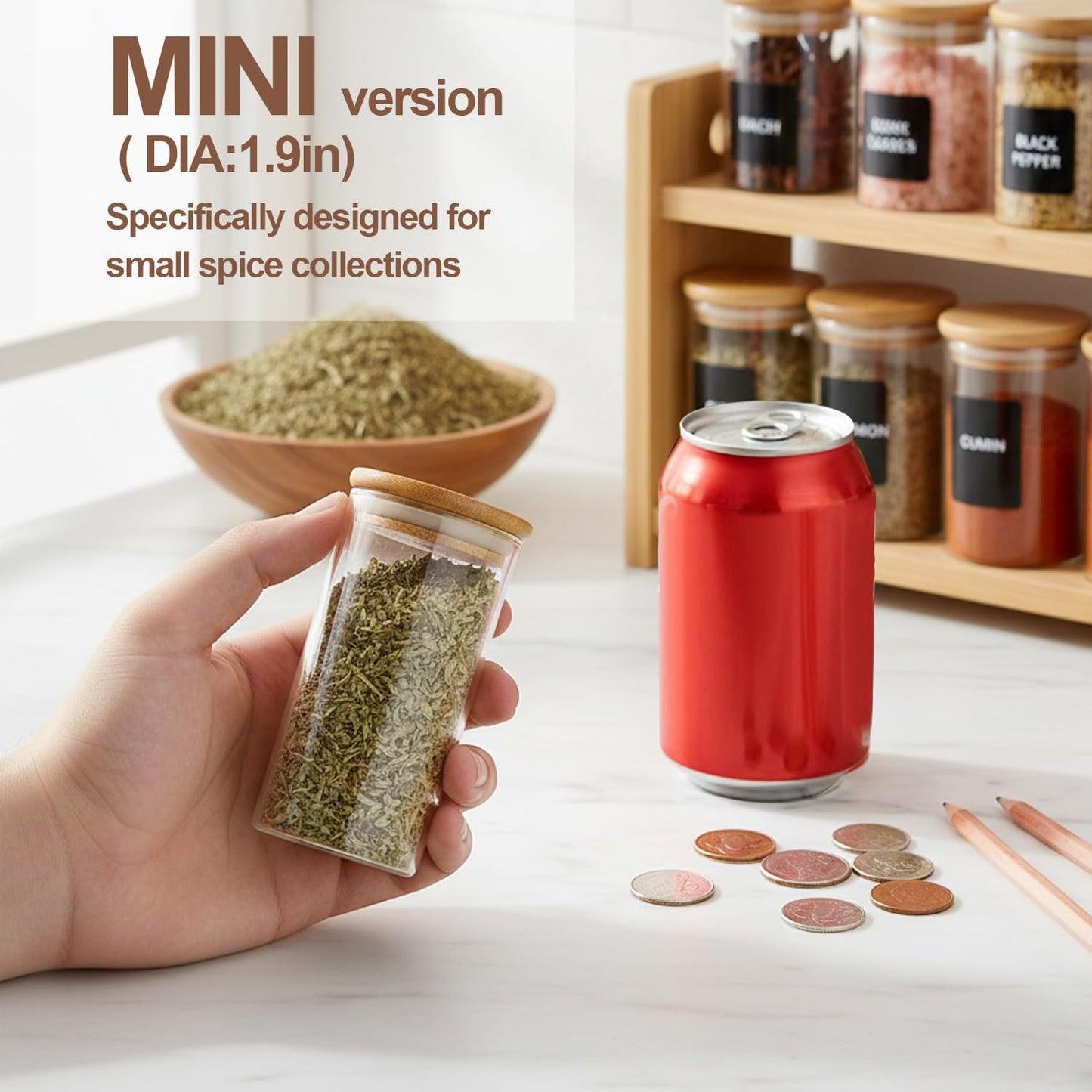 ComSaf Spice Jars with Label 4oz 16 Pack, Glass Spice Jars with Bamboo Lid, Mini Seasoning Containers with 54 Black Labels, Stackable for Kitchen, Pantry Organization, Loose Tea, Herbs, Powders, Salt
