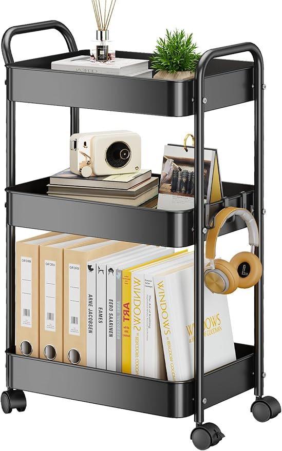 YASONIC 3-Tier Metal Rolling Cart, Sturdy Storage Utility Carts with Wheels, Multifunction Craft Art Organizer for Bedroom, Laundry, Garage, Office, Nursery, Bathroom, Easy Assembly (Black)