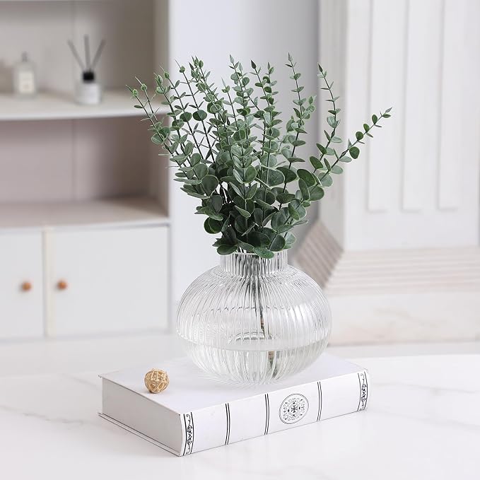 Ribbed Glass Vases, Set of 2 Fluted Vases for Flowers, Clear Glass Vase for Tulips, Modern Vase for Living Room, Kitchen, Office, Entryway, Mantle, Bookshelf, Wedding Gifts, Birthday