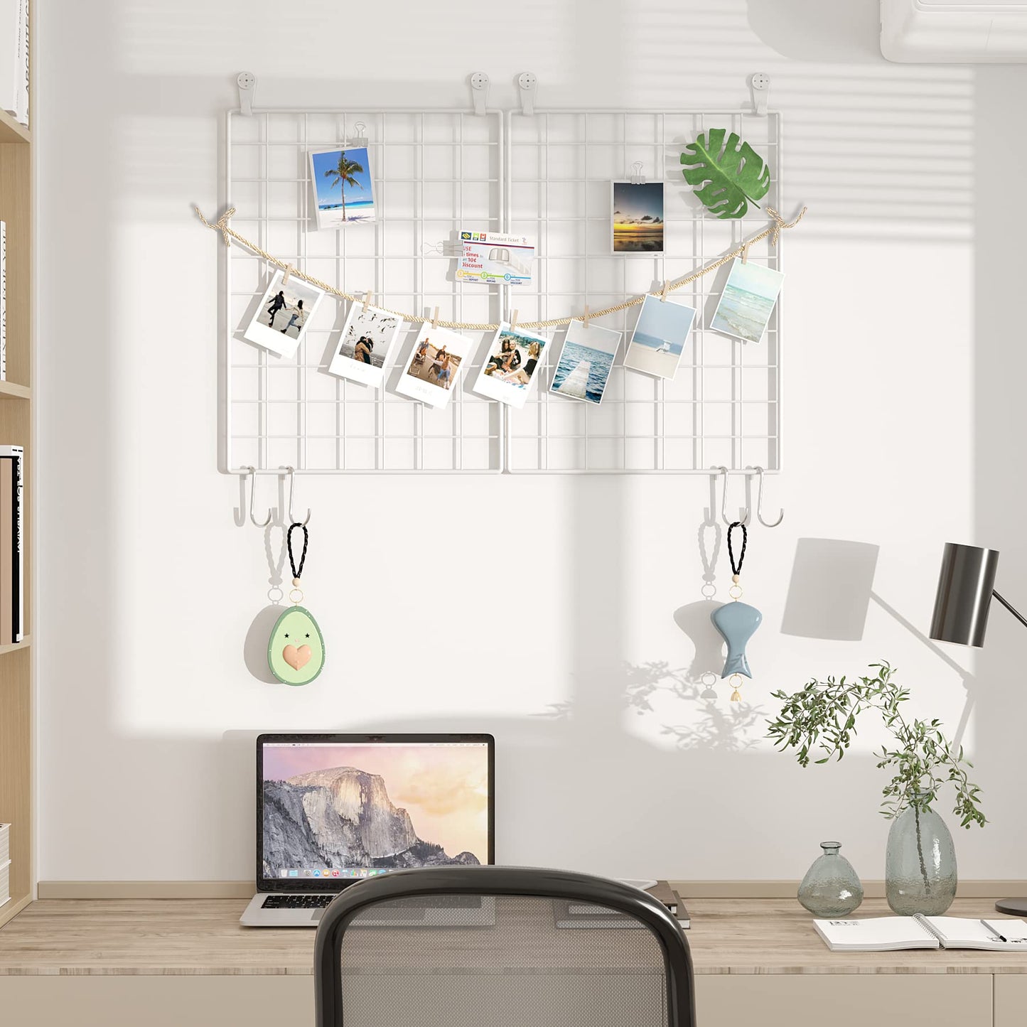 C&AHOME Photo Wall Display Set of 2, Grid Panel with Hooks, Clips, Hemp Cord, Hammer - 15.7" x 11.8", White UWWGM3402W
