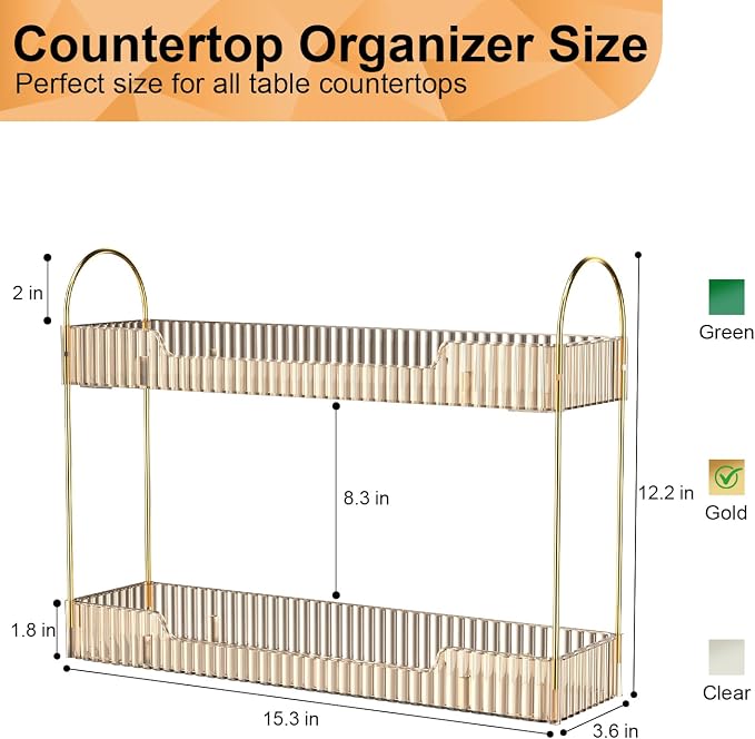 GTI Narrow Bathroom Organizers and Storage, 2 Tier Rectangle Makeup Counter Organizer, Perfume Cosmetics Skincare Vanity Organizers, Dresser Countertop Organizer for Women (Gold)