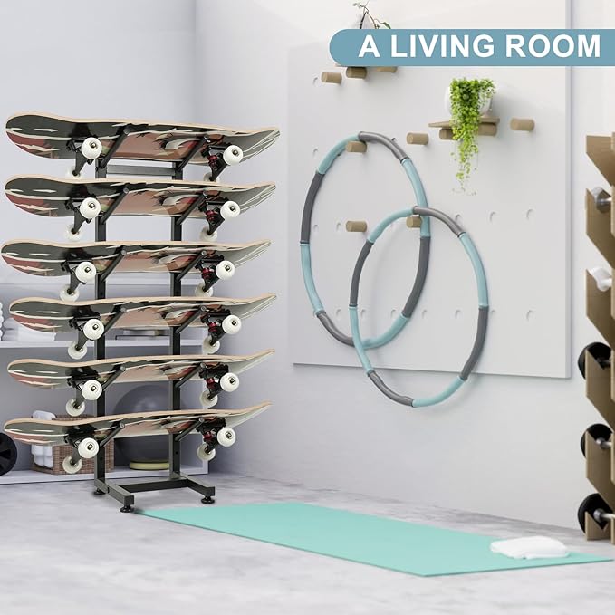 BiJun Skateboard Racks Floor Stand, 6-Layer Skateboard Wall Mount,Snowboard Storage Rack, Skateboard Organizer Floor Stand for Deck, Longboard, Snowboard, Standard Skateboards, Mini Cruiser Skateboard