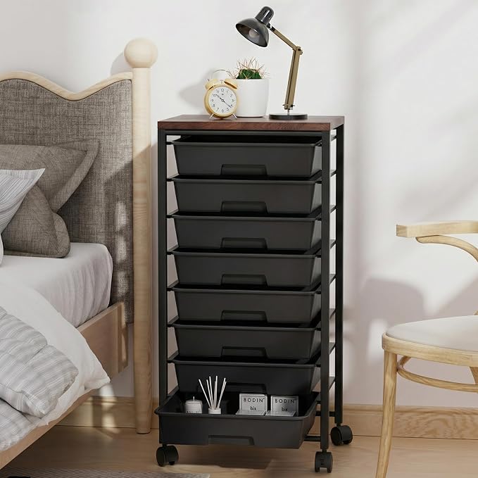 Rolling Cart with 8 Drawers, Storage Drawers Cart with Wooden Tabletop and Lockable Wheels, Craft Storage for Living Room, Office, Classroom, Craft Room, Bedroom (Black)