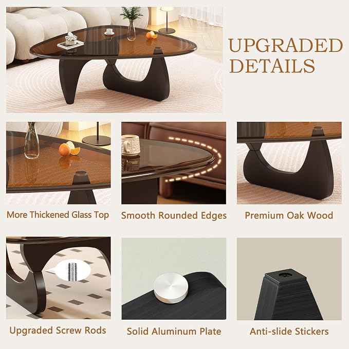 Coffee Table for Living Room Mid Century Modern Center Small Table with Glass Top and Wood, Black Brown(36 Inch)