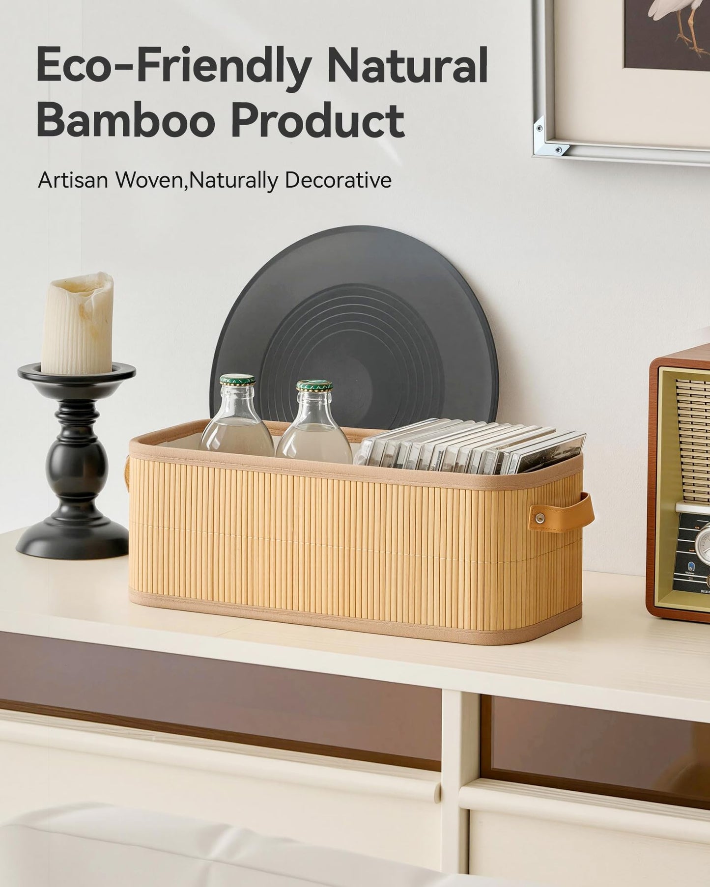 Narrow Storage Bins, Small Basket for Closet and Shelves, Bamboo Toilet Paper Storage Organizer with Handles for Countertop-Bathroom-Home Decor, 2-Pack