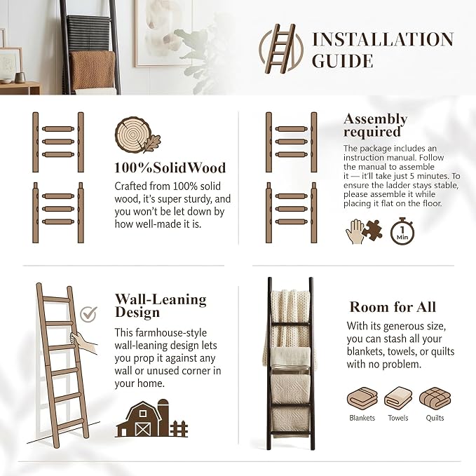 Wooden Blanket Ladder - 76in Natural Wood Color- Leaning Wall Decor for Bedroom, Bathroom, Living Room - Rustic Quilt Holder (Dark Walnut, 76in | Knock Down)