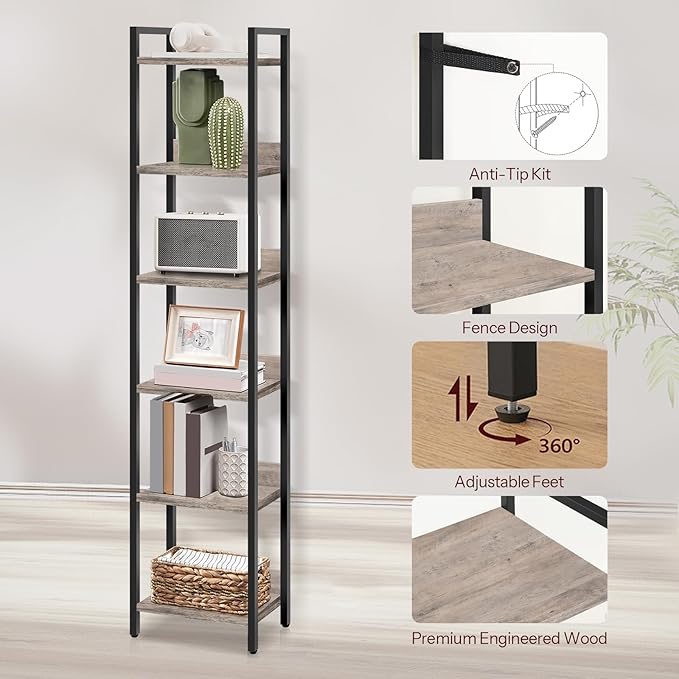 MAHANCRIS Bookshelf, 6-Tier Bookcase, Standing Book Shelf for Small Space, Storage Shelf Organizer, for Living Room, Bedroom, Study, Balcony, Greige and Black BKHG6601