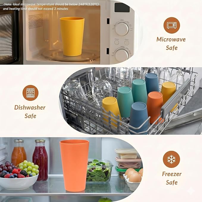 Homienly Reusable Plastic Cups - Wheat Straw Unbreakable Drinking Glasses & Water Glasses | Multi-Color Stackable Plastic Cups, Dishwasher Safe | Glassware & Cup Sets for Kitchen (20 oz 8-Pack)