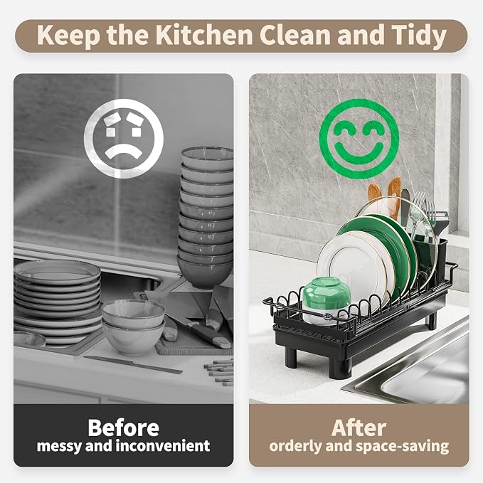 SanDream Dish Drying Rack, Small Over Sink Dish Drying Rack, Expandable Over the Sink Dish Drying Rack with Drip Tray for Kitchen Counter & in Sink