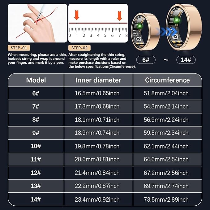Health Tracker Ring, Smart Health Ring for Women Men with Heart Rate, Blood Oxygen, Sleep Monitor, Steps,Calories, No Subscription Fee, IP68 Waterproof Smart Ring for iPhone & Android (Rose Gold, 6#)