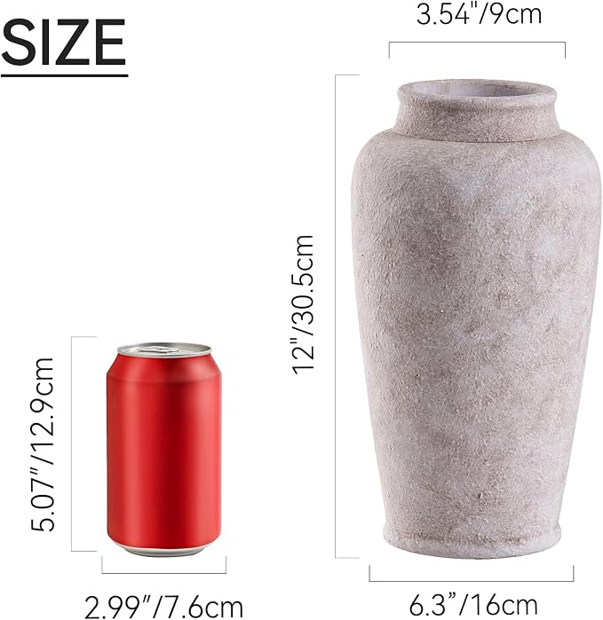 Ceramic Flower Vase, Large Rustic Vase Farmhouse Decorative Tall Vase Floral Pottery Vases for Home Decor Table Living Room Entryway Mantel Bedroom Bathroom Kitchen - 12" D