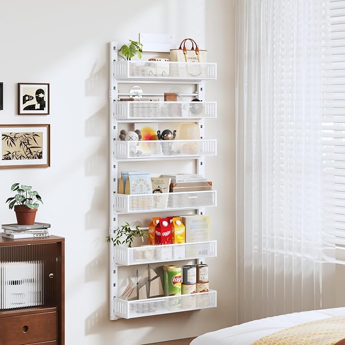 Pantry Door Organizers and Storage, 6-Tier Large Metal Heavy-Duty Frame Over the Door Spice Rack, 2 in 1 Wall-Mounted or Hanging shelf for Kitchen, Bathroom, Laundry Room, Bedroom, Closet &Nursery
