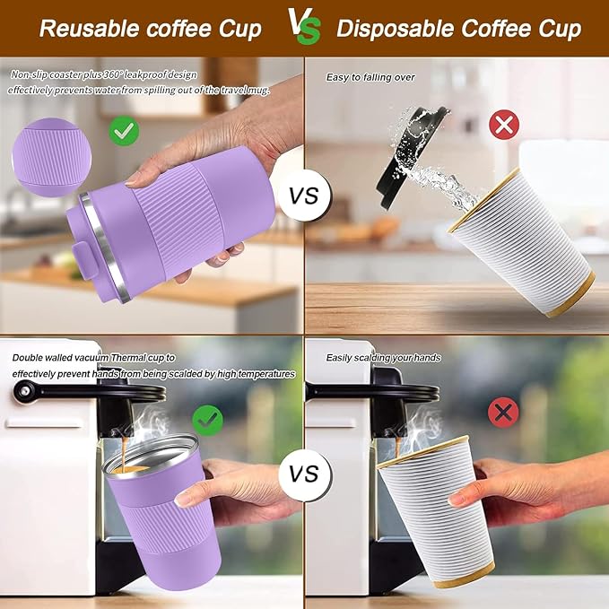 YINBAOGE Insulated Travel Coffee Mug, Spill & Leak Proof, Portable To Go Camping Stainless Steel Coffee Tumbler, Reusable Thermal Coffee Cup with Lid for Hot & Cold Drinks (Purple, 12 OZ)