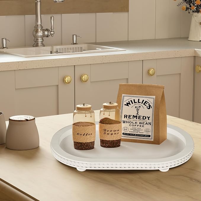 Urban Deco Oval Wooden Decorative Tray Set of 2, Farmhouse Vintage Decorative Tray Stand for Coffee Table, White Serving Tray for Living Room Kitchen Home Decor - 2 Pack