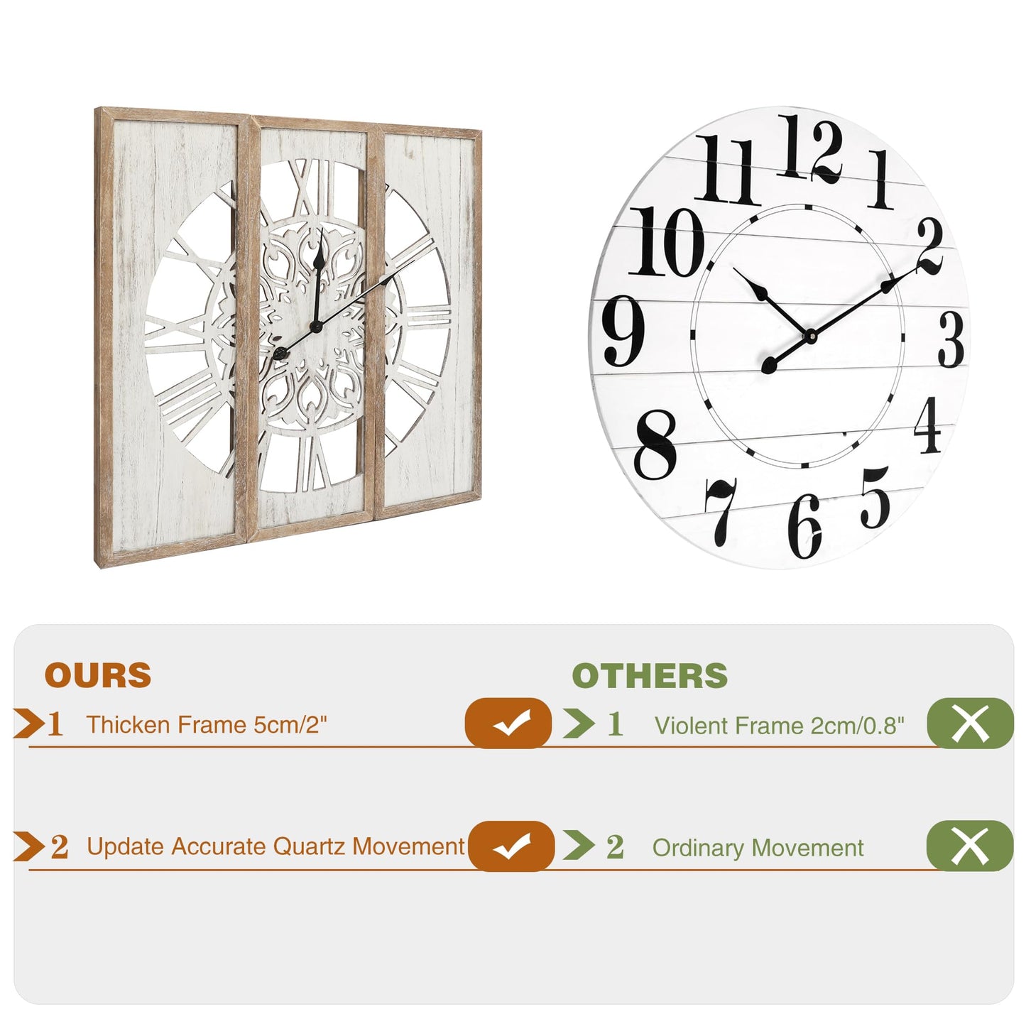 RiteSune Rustic Wooden Wall Clock, 30 inches, for Living Room, Bedroom, Dining Room, Kitchen, Entryway, Farmhouse