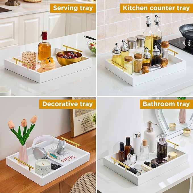 16"x12" Serving Trays with Handles, White Decorative Serving Tray, Ottoman Trays, Living Room, Bathroom, and Outdoors Decorative Trays (White)