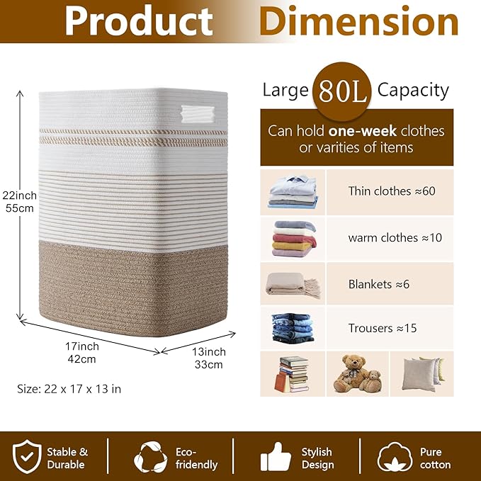 80L Large Cotton Rope Laundry Basket for Bedroom & Laundry Room, Tall Clothes Hamper with Sturdy Handles, Neutral Storage Bin Capable of Holding Blankets and Toys
