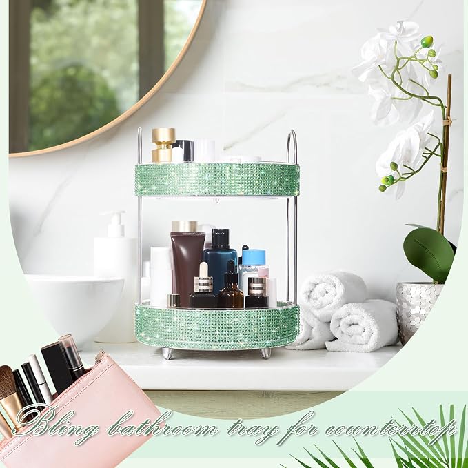 Honeydak 360 Rotating Perfume Organizer Gift for Women, Rhinestone Preppy Skincare Organizer Bathroom Counter Makeup Holder Skincare and Perfume Storage for Cosmetic(2 Tiers,Resin Diamond,Green)