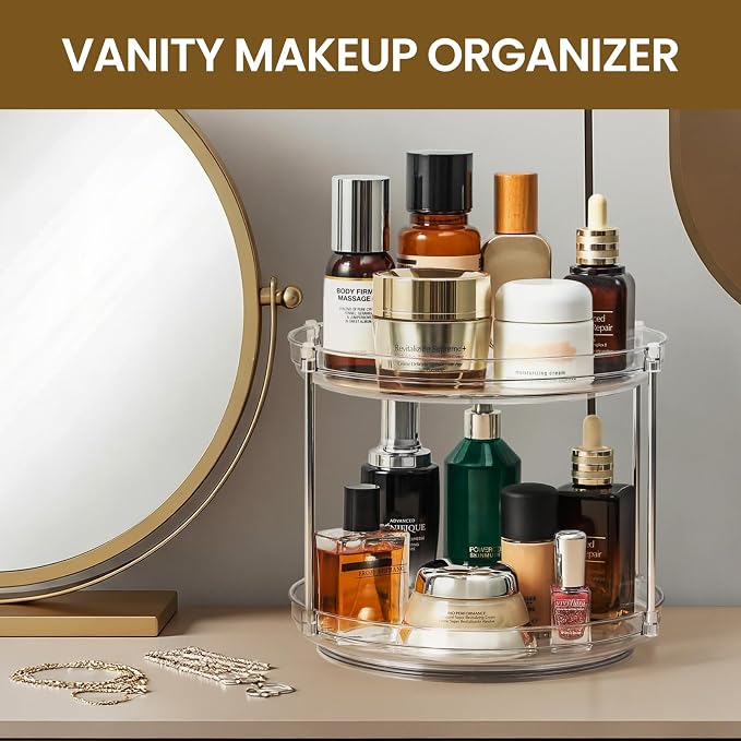 2 Tier Non-Skid Acrylic Lazy Susan Turntable Organizer - Rotating Spice Rack - Spinning Organization Tray for Kitchen, Pantry, Countertop, Closet, Bathroom, Vanity, Medicine Cabinet Organizing, 12''