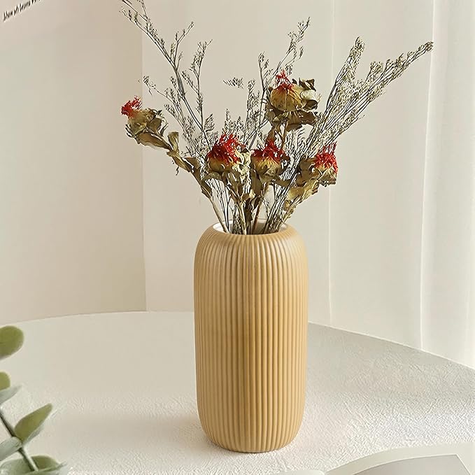 Ceramic Vase for Flowers – Modern Small Ribbed Textured Flower Vase for Home Decor, Pampas Grass, Decorative, Farmhouse, Coffee Table, Kitchen Centerpieces, Bookshelf and Home Living (Milk Coffee)