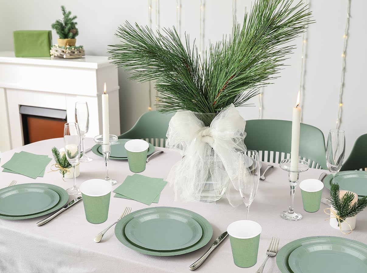 TWOWYHI 200PCS Party Supplies Paper Plates Set for Party with 50Guests 7"and 9" Disposable Plates Napkins Cups for Birthday Bridal Shower Wedding Parties Sage Green