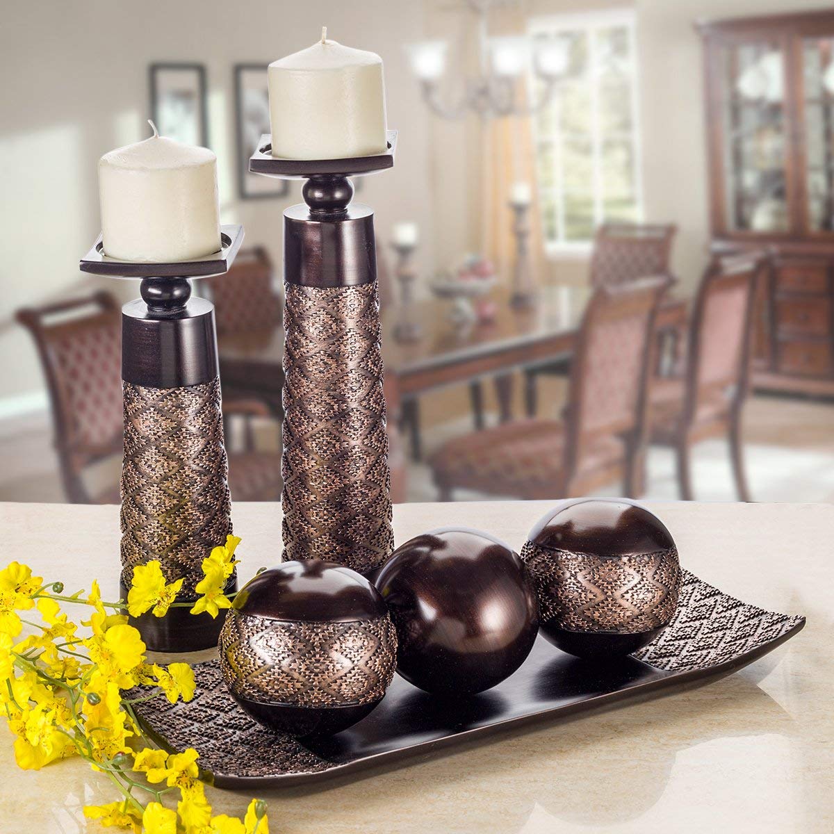 Creative Scents Dublin Brown Pillar Candle Holder Set of 2 - Home Decor Aesthetic, Coffee Table Decor Mantel Centerpieces Table Decorations, Living Room Decor or Dining Tabletop Decor -Gift Packaged-