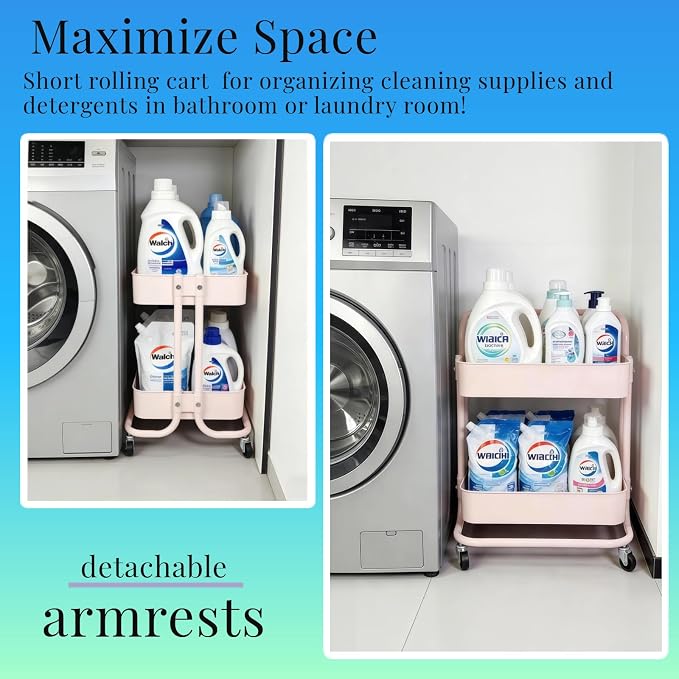 2 Tier Short Rolling Cart with Wheels All-Metal Pink Pantry Storage for Kitchen,Under Desk Trolley with Handle Small Wheeled Storage Cart for Laundry Room Bathroom, Under Table Small Space