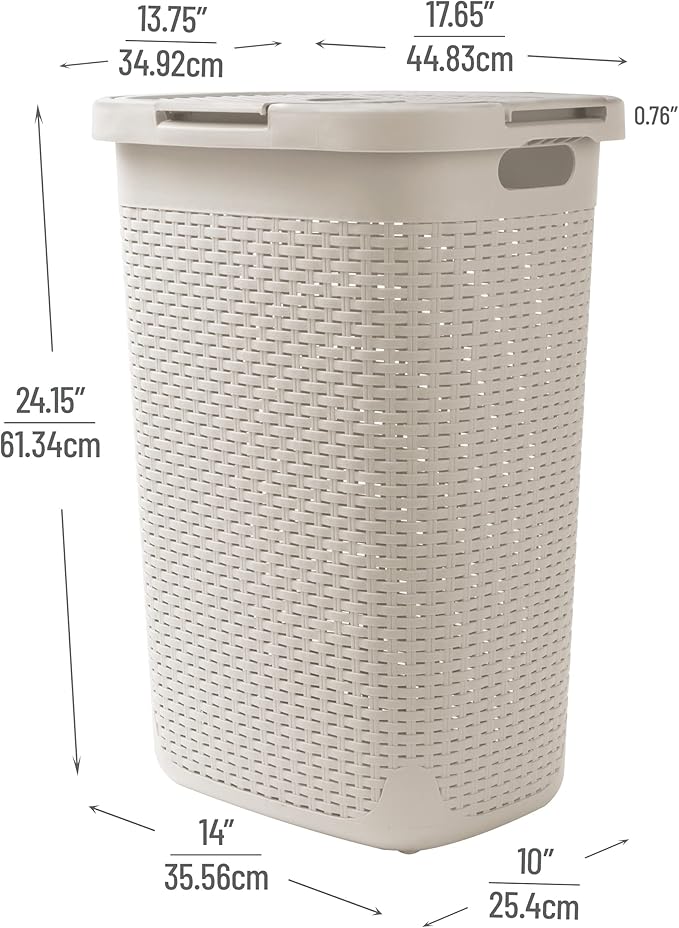 Mind Reader Slim Laundry Hamper with Lid, 60L Tall Clothes Basket, Narrow Tapered Design for Bathrooms, Closets and Laundry Rooms, Plastic, Ivory