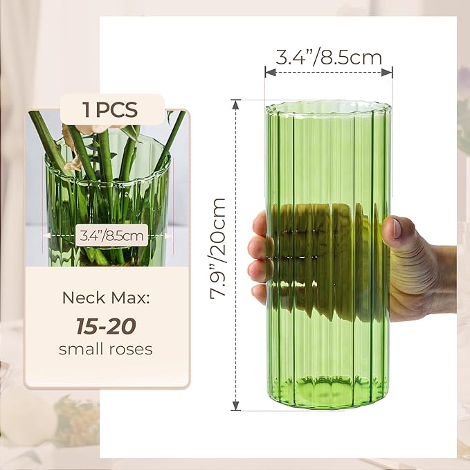 ComSaf Glass Cylinder Vases, Bud Vase for Centerpieces, 8 Inch Tall Ribbed Vase Hurricane Floating Candle Holder, Decorative Flower Vases for Wedding Reception, Home Decor, Housewarming Gift (Green)