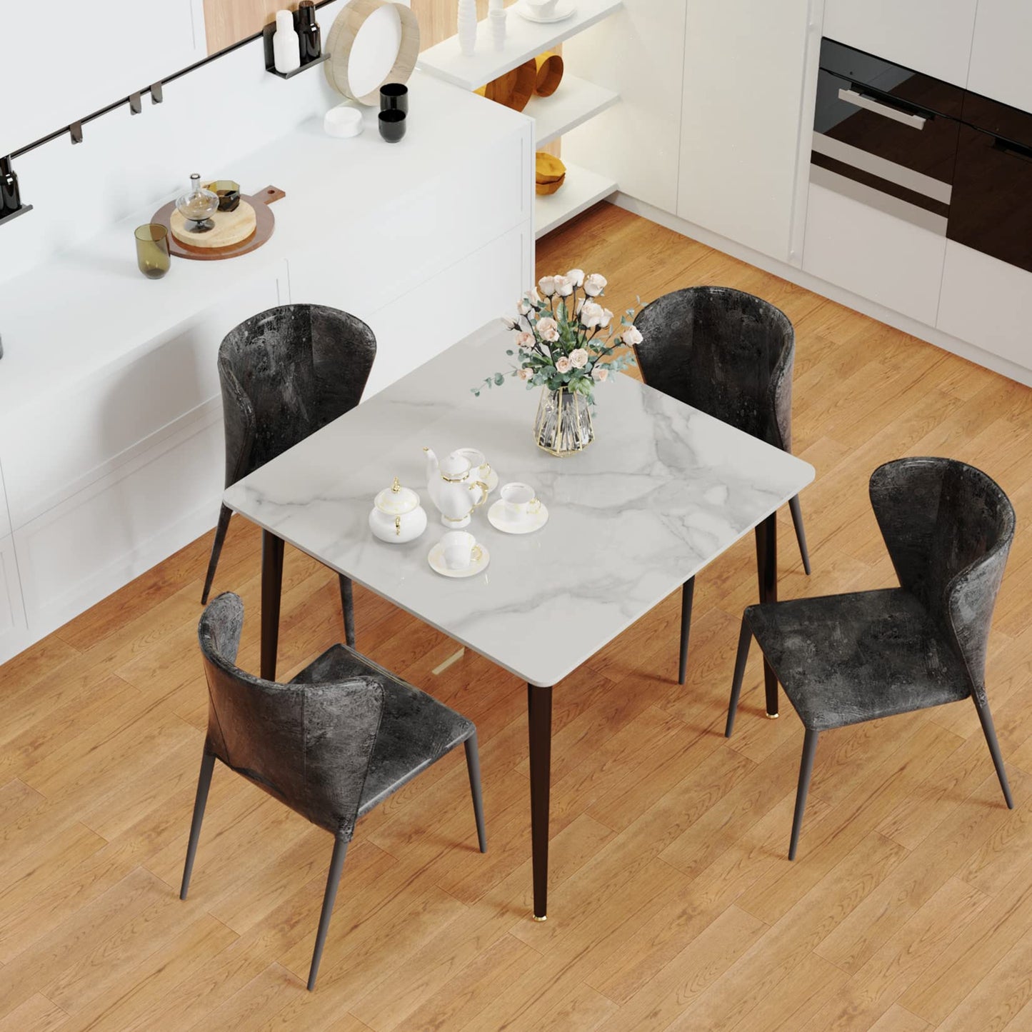 Wisfor Sintered Stone Dining Table: 32 Inch Square White Kitchen Breakfast Table with Black Metal Legs - 30 Inch High Restaurant Table for 4