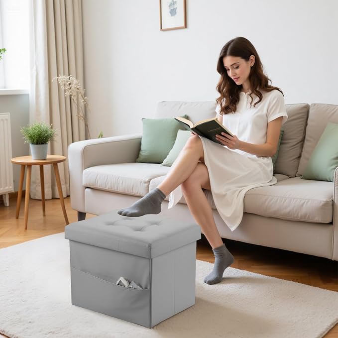 Bsketa Storage Ottoman Foot Rest Stool, Small Leather Storage Ottomans Bench, Folding Footstool with Side Pockets, Foot Rest Under Desk for Living Room Bedroom, 17x13x13 in, Grey
