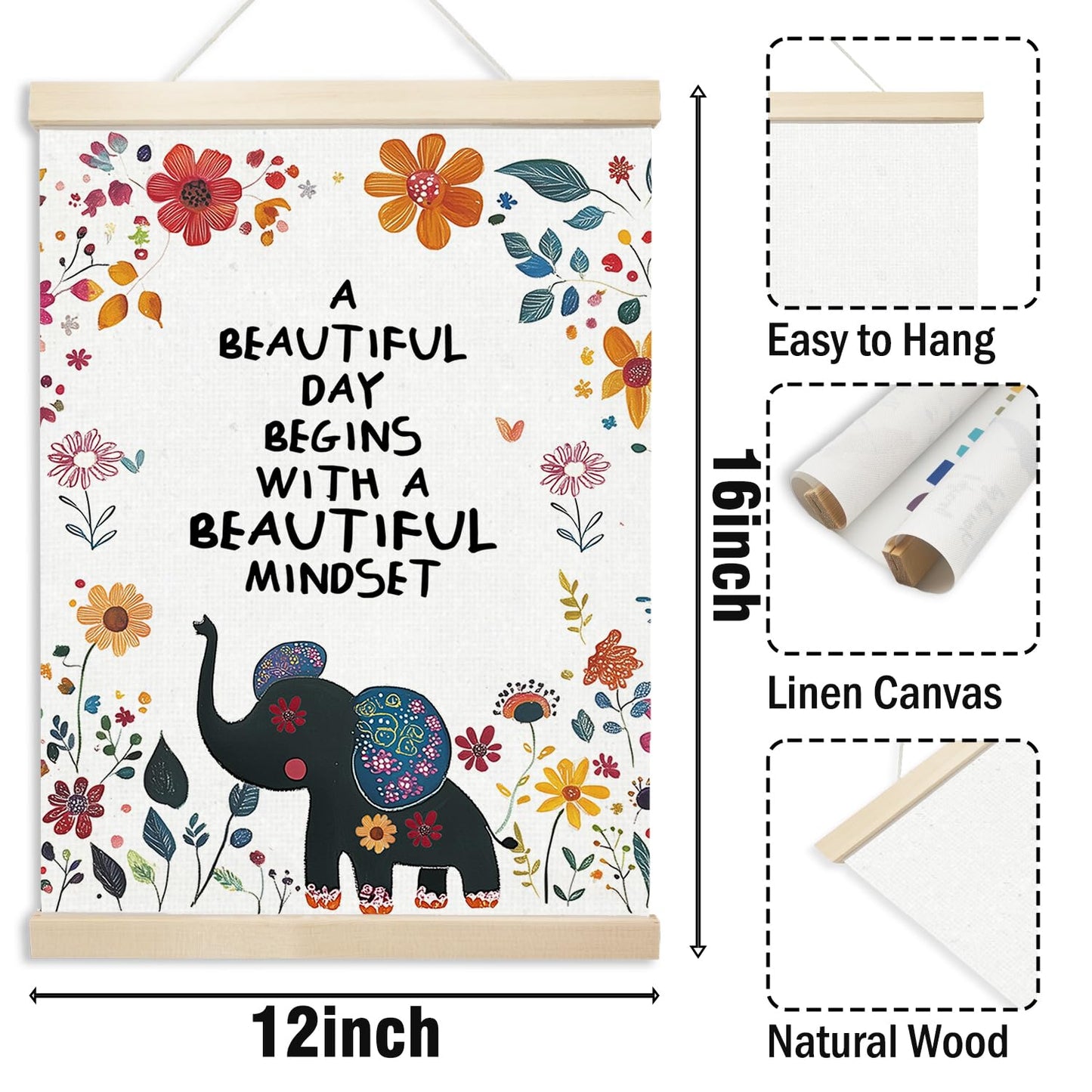 Xmsaitar Inspirational Elephant Floral Poster Hanger Frame Wall Decor, Nursery Mental Health Prints for Wall Decor Art, Rustic Flower Pictures Hanging for Girly Room Dorm Playroom 12x16in