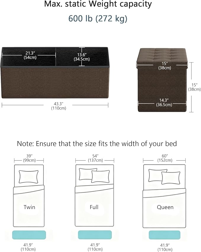GLAXYFUR 43 Inches Folding Storage Ottoman Bench, Storage Chest, Footrest for Entryway, Living Room, Holds up to 660 lb, Brown