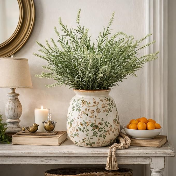 SIDUCAL Ceramic Vintage Pastoral Vase, 7.2 Inch Chinoiserie Floral Vase, Retro Ice Cracked Rustic Farmhouse Vases for Home Decor, Living Room, Bookshelf, Office, Tuscan Decor, Green and Beige