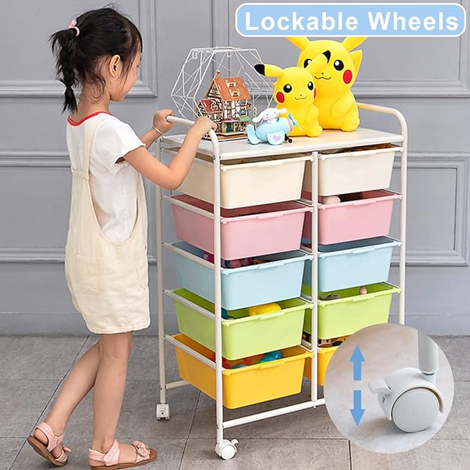Ytaoka Rolling Cart with 10 Drawers, Plastic Drawer Cart with Metal Frame, Multipurpose Art Craft Cart Organizer with Wheels, Utility Cart with Drawers for Home, Office, School, White
