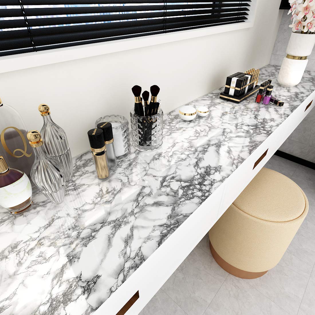 LaCheery White and Gray Marble Contact Paper for Bathroom Countertops Removable Glossy Marble Paper Granite Gray/White Wallpaper Peel and Stick for Wall Cabinets Counter Top Waterproof Vinyl 15.8"x80"